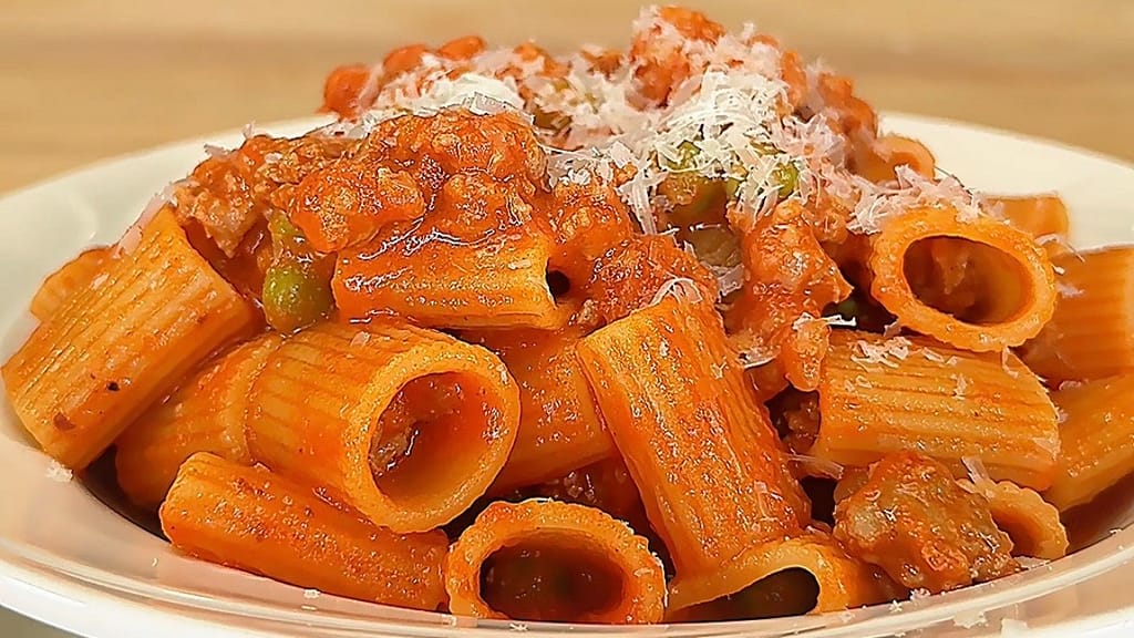 Mezzi Rigatoni with Sausage and Peas in a creamy tomato sauce finished with Parmigiano Reggiano