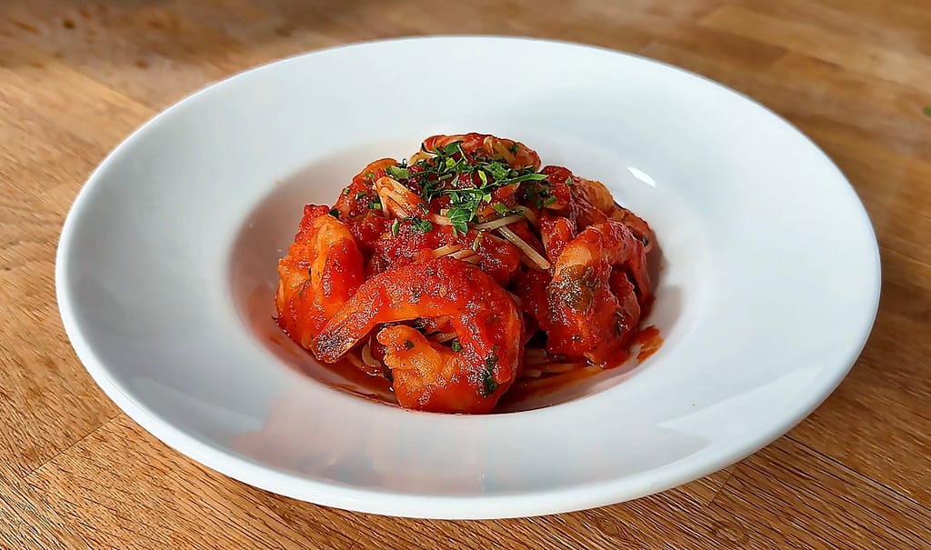 Shrimp Fra Diavolo served over linguine with a spicy tomato sauce, garlic, parsley, and crushed red pepper.