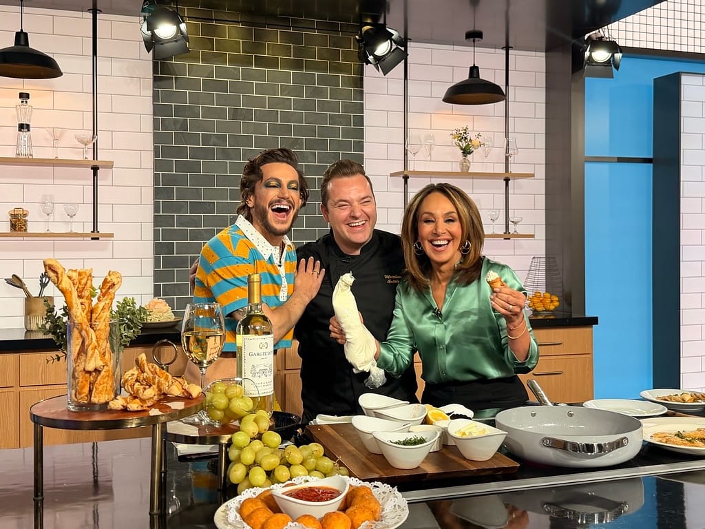 On set at Good Day New York with Rosanna Scotto and Frankie Grande.