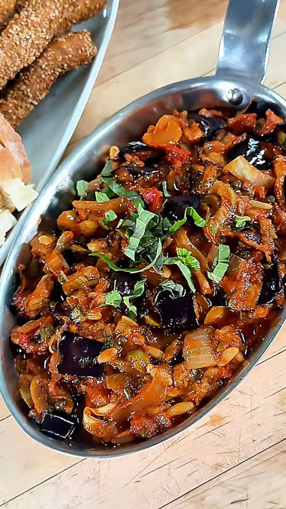sicilian caponata with eggplant olives capers and pine nuts