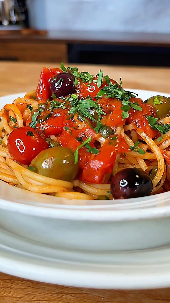 spaghetti alla puttanesca with olives capers tomatoes and parsley