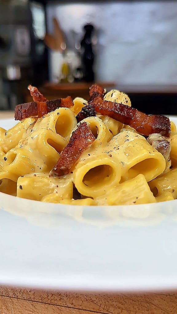 mezzi rigatoni carbonara with guanciale pecorino and black pepper