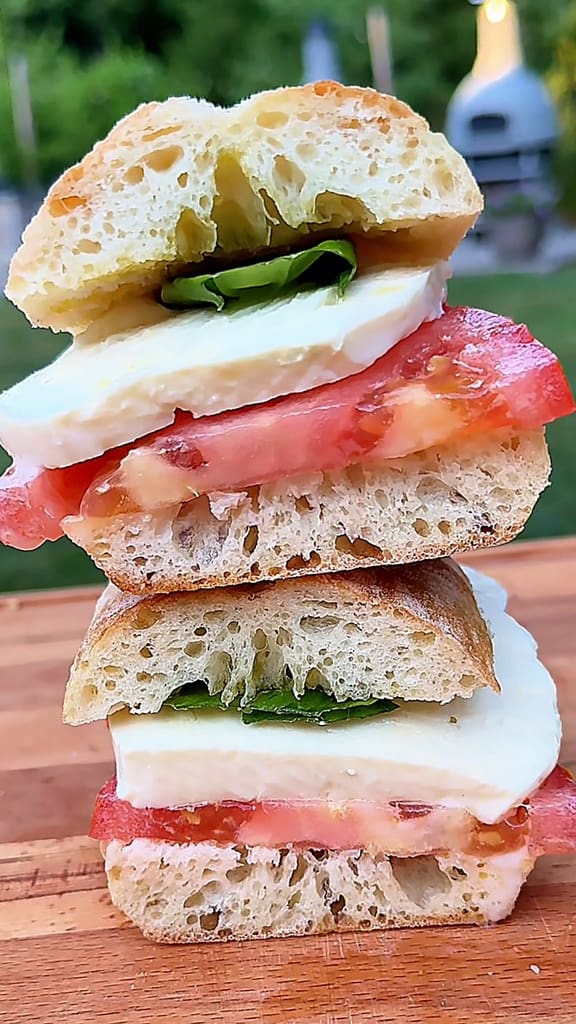 Caprese Panino made with ripe summer tomatoes, fresh mozzarella, basil, and extra virgin olive oil on crusty Italian bread.